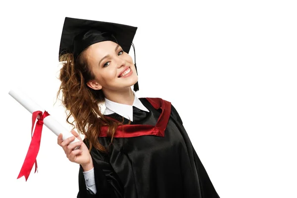 Happy graduated student girl with scroll isolated on white — Stock Photo, Image