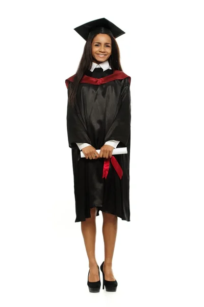 Happy graduated african-american student girl isolated on white — Stock Photo, Image