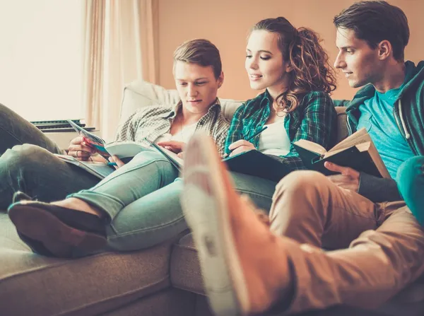 Three young students preparing for exams in apartment interior — Stock Photo, Image