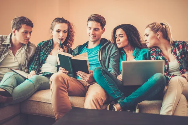 Grupp av multietniska unga studenter förbereder sig för tentor i heminredning — Stockfoto