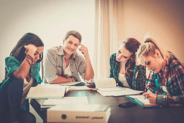 Multi grupo étnico de estudantes que se preparam para exames em casa interior atrás da mesa — Fotografia de Stock