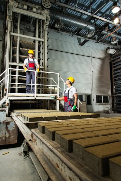 Arbetaren och förman i en säkerhet hattar utför kvalitet kolla på en fabrik — Stockfoto