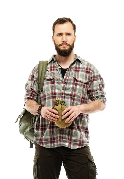 Handsome traveler with backpack and flask isolated on white — Stock Photo, Image