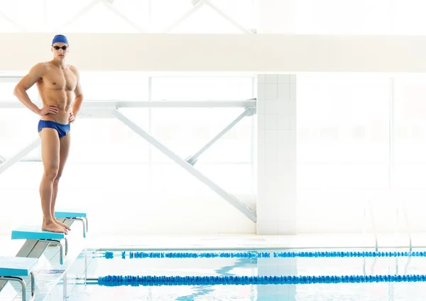 Joven nadador muscular de pie en el bloque de partida en una piscina —  Fotos de Stock