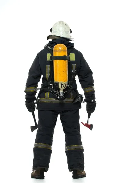 Firefighter with axe and oxygen balloon isolated on white — Stock Photo, Image