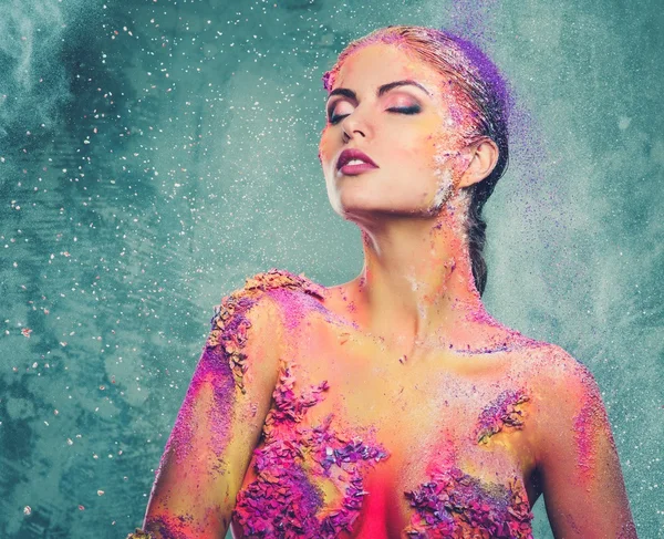 Beautiful young woman with conceptual colourful body art — Stock Photo, Image