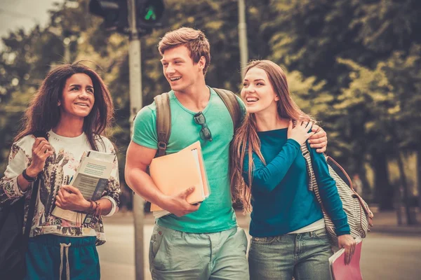 Groupe d'étudiants multiethniques marchant dans une ville — Photo