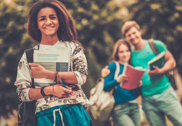 African-american girl student in a city park on summer day — Stock Photo, Image