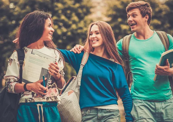 Grupo de estudantes multi étnicos caminhando em uma cidade — Fotografia de Stock