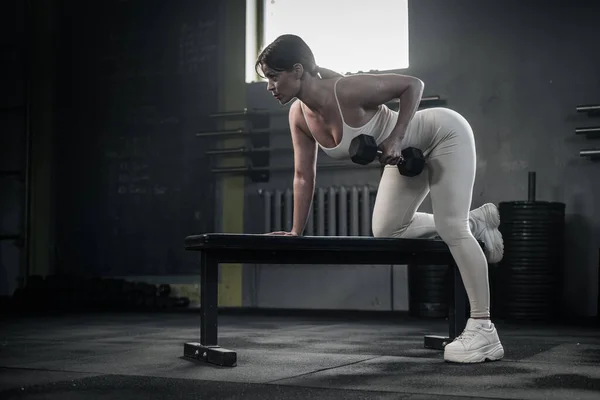 Vrouwelijke lift dumbbell voor armen spieren . Stockfoto