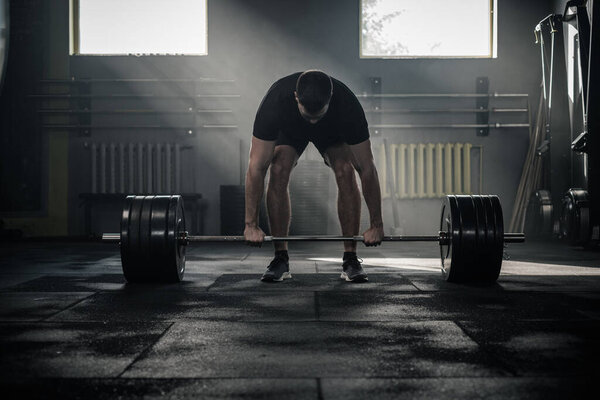 Fitness Man Get Ready to Raise Barbell . Stock Photo