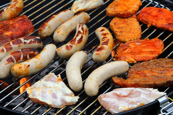 Fleisch und Wurst auf einem Grillgitter — Stockfoto