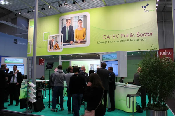 HANNOVER, GERMANY - MARCH 13: Stand of Datev on March 13, 2014 at CEBIT computer expo, Hannover, Germany. CeBIT is the world's largest computer expo — Stock Photo, Image