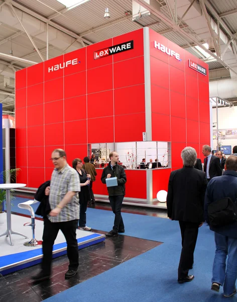 HANNOVER, GERMANY - MARCH 13: The stand of Lexware on March 13, 2014 at CEBIT computer expo, Hannover, Germany. CeBIT is the world's largest computer expo — Stock Photo, Image