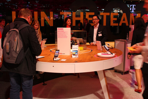 HANNOVER, GERMANY - MARCH 13: The stand of Huawei on March 13, 2014 at CEBIT computer expo, Hannover, Germany. CeBIT is the world's largest computer expo