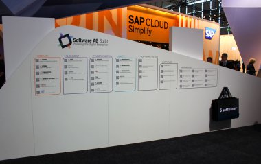 Hannover, Almanya - 13 Mart: yazılım standı ag üzerinde 13 Mart 2014 CeBIT bilgisayar Fuarı, hannover, Almanya. dünyanın en büyük bilgisayar Fuarı CeBIT olduğunu