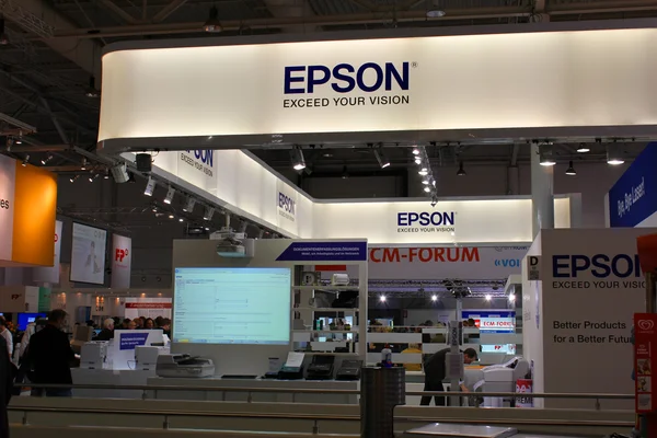 HANNOVER, GERMANY - MARCH 13: The stand of Epson on March 13, 2014 at CEBIT computer expo, Hannover, Germany. CeBIT is the world's largest computer expo — Stock Photo, Image