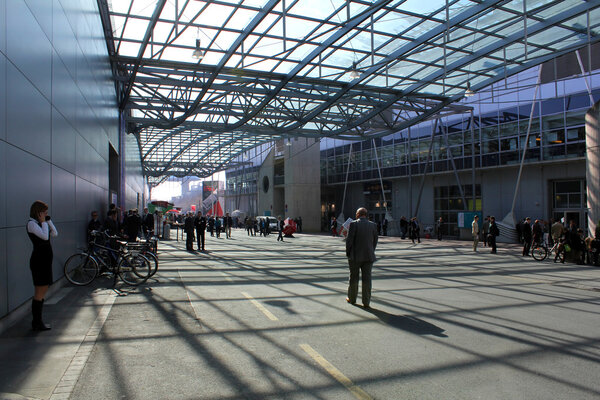 HANNOVER, GERMANY - MARCH 13: The covered passageway between expo halls on March 13, 2014 at CEBIT computer expo, Hannover, Germany. CeBIT is the world's largest computer expo
