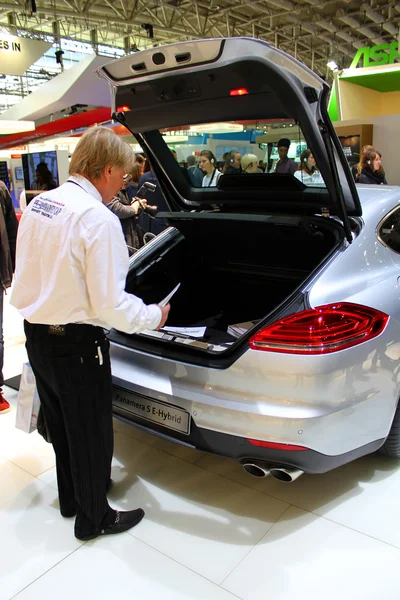 HANNOVER, GERMANY - MARCH 13: The Porsche Panamera car on March 13, 2014 at CEBIT computer expo, Hannover, Germany. CeBIT is the world's largest computer expo — Stock Photo, Image