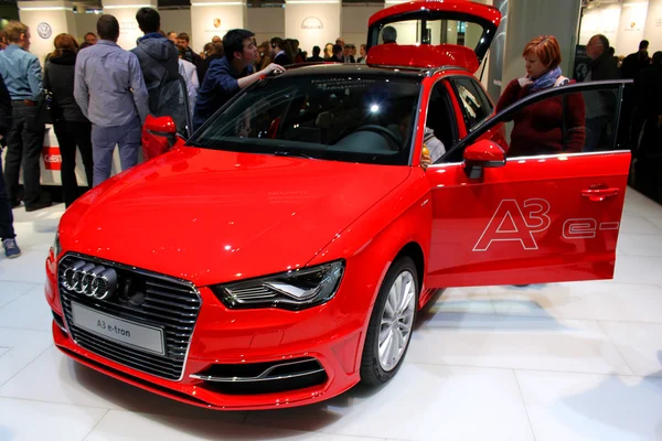HANNOVER, GERMANY - MARCH 13: The Audi A3 E-Tron on March 13, 2014 at CEBIT computer expo, Hannover, Germany. CeBIT is the world's largest computer expo — Stock Photo, Image