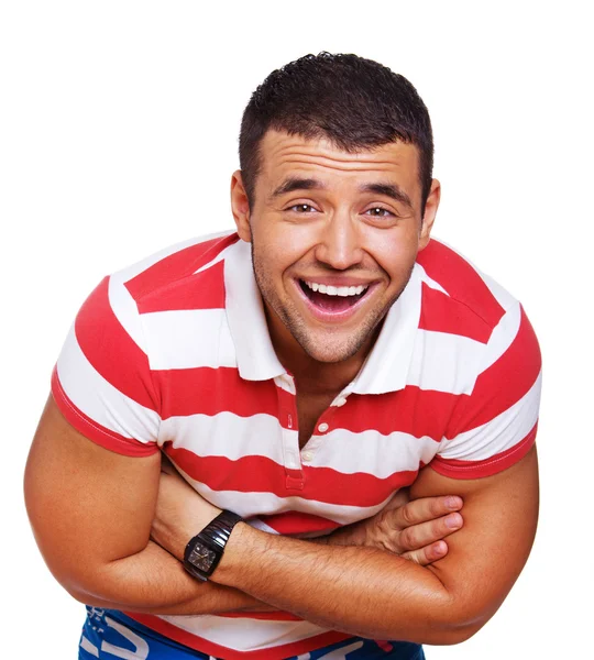 Retrato de homem bonito posando em estúdio em t-shirt — Fotografia de Stock