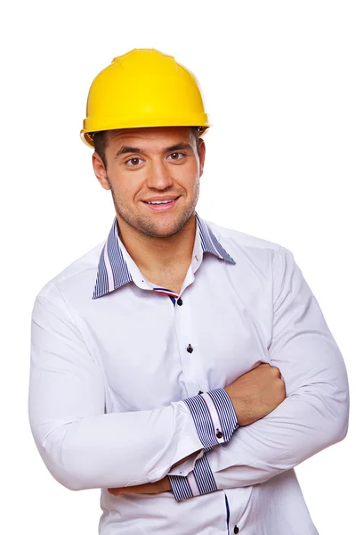 Retrato del trabajador sexy posando en estudio en casco — Foto de Stock