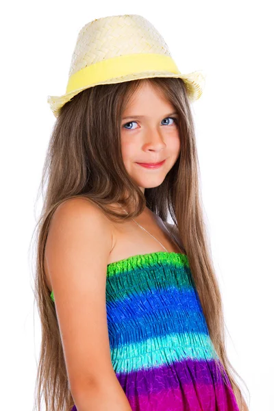 Portrait of beautiful girl posing at home in hat — Stock Photo, Image