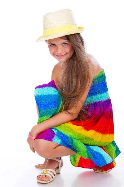 Portraot of beautiful girl posing in studio with hat — Stock Photo, Image