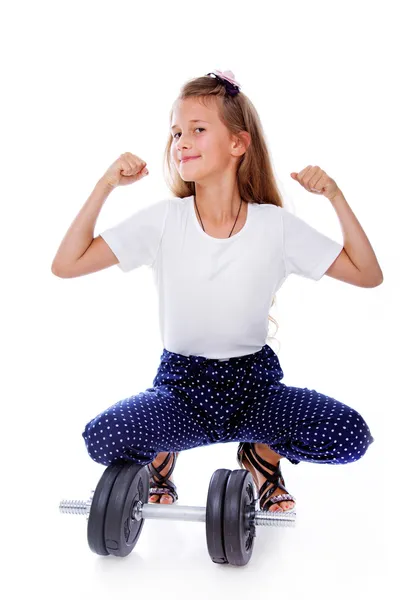 Portrait of beautifu girl posing on white background with dumbbe — Stock Photo, Image