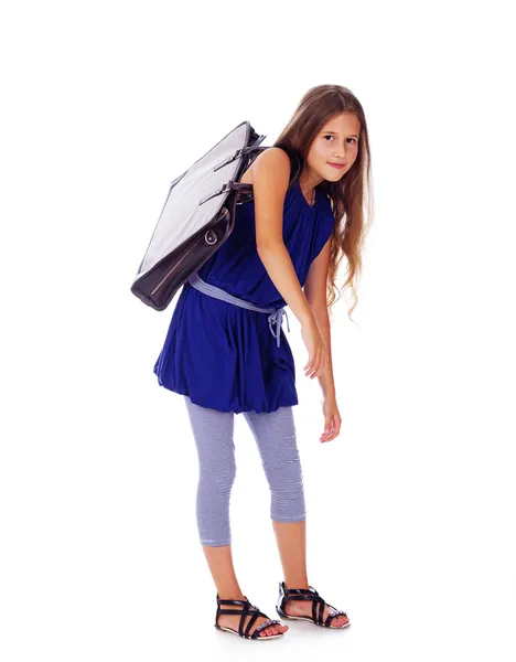 Portrait of beautifu girl posing on white background with bag — Stock Photo, Image