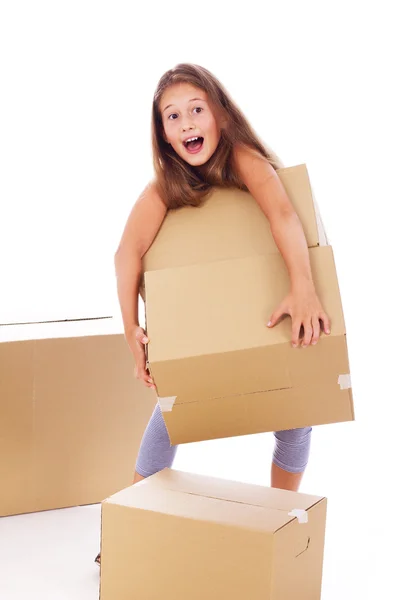 Portrét krásné puzzle dívka pózuje na bílém pozadí s box — Stock fotografie