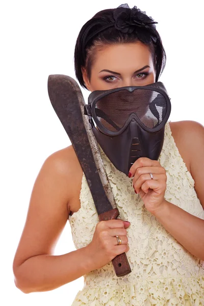 Retrato de belas pernas de mulher posando no fundo branco com — Fotografia de Stock