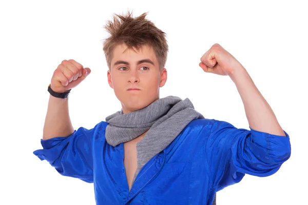 Portrait of sleazy young man posing on white background showing — Stock Photo, Image