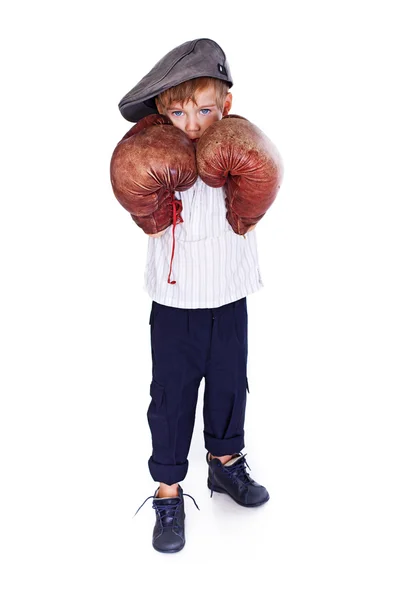 Portrait of little boy posing on white background with boxing gl — Stock Photo, Image