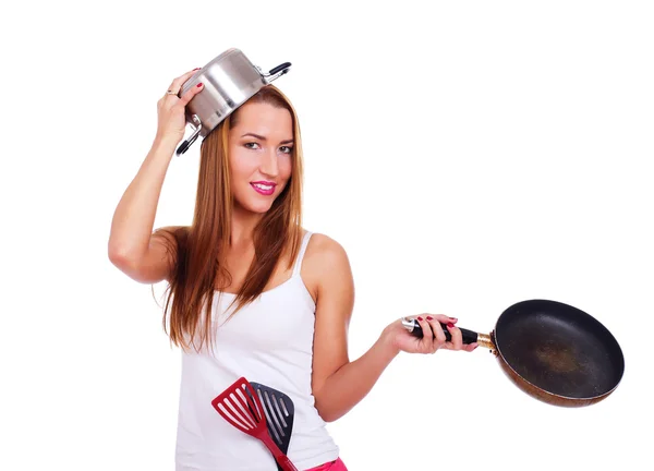 Retrato de una hermosa chica posando sobre fondo blanco en la cocina —  Fotos de Stock