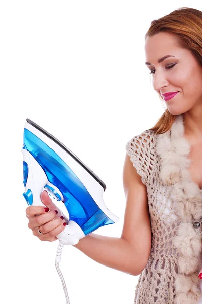 Portrait of beautiful girl posing on white background with iron — Stock Photo, Image