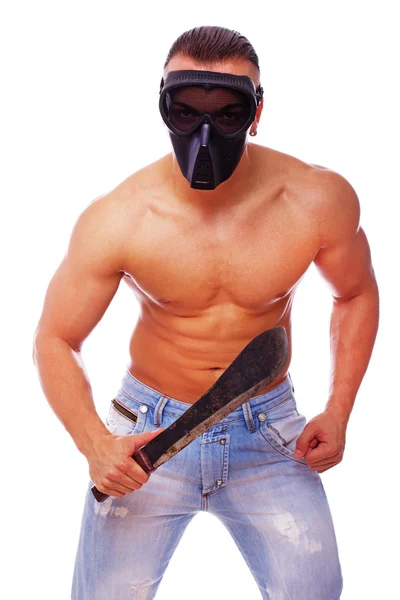 Portrait of killer with machete posing in studio — Stock Photo, Image