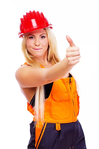 Portrait of beautiful woman posing on white background in helmet — Stock Photo, Image