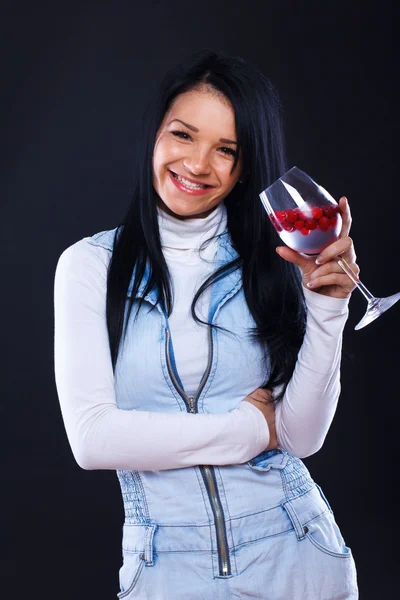 Portrait of beautiful woman posing on white background with glas — Stock Photo, Image