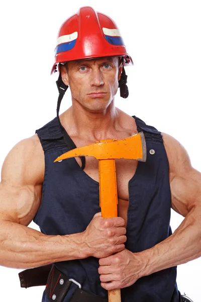 Portrait of handsome fireman posing on white background — Stock Photo, Image