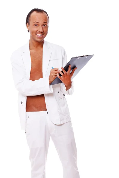Retrato de homem bonito posando no fundo branco — Fotografia de Stock