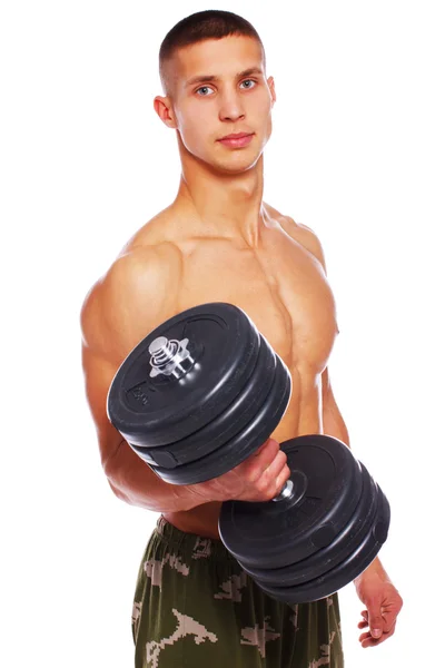 Portrait of handsome man posing on white background with dumbbel — Stock Photo, Image