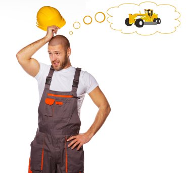 Bald man is thinking about tractor clipart