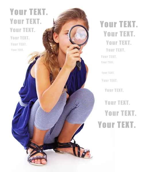 Girl is posing with a magnifier — Stock Photo, Image