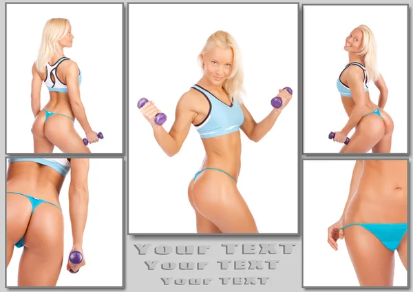 Hot blond woman is posing with dumbbells — Stock Photo, Image