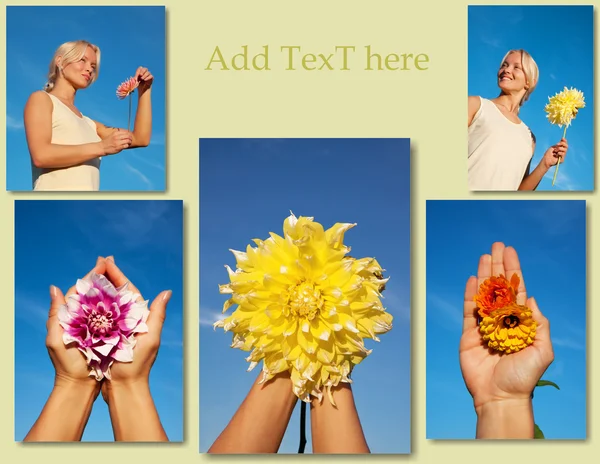 Jeune femme sur la nature prendre des photos avec des fleurs — Photo