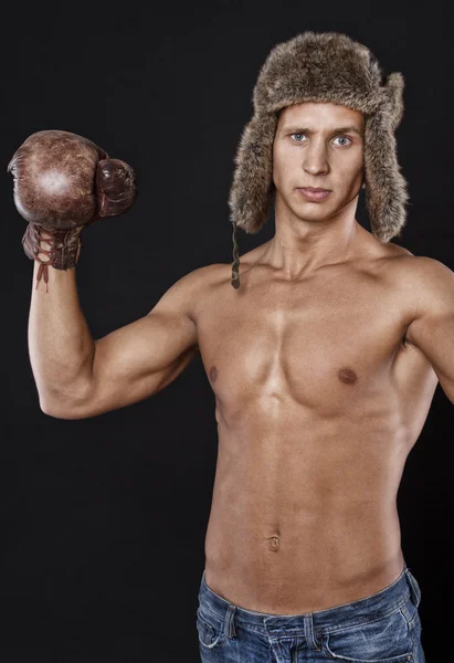 Shirtless man raised his hands in boxing gloves — Stock Photo, Image