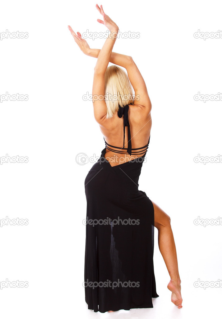 View from back side on hot blondie in black dress