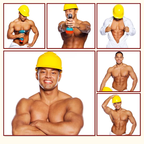 Trabalhador duro sem camisa em chapéu duro com broca — Fotografia de Stock