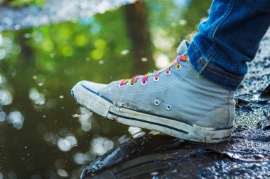 güneşli su birikintisi içinde onun yansıması üzerine gumshoe arıyor